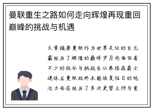 曼联重生之路如何走向辉煌再现重回巅峰的挑战与机遇