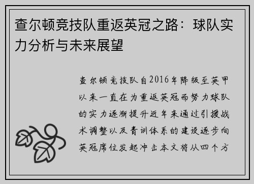 查尔顿竞技队重返英冠之路：球队实力分析与未来展望